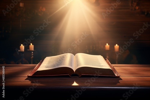 Holy Bible Old Book opened under Ray Lights On wooden Table
