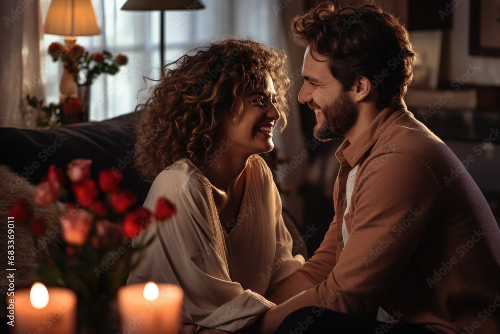 Two people smiling and sitting together, sharing a candlelit ceremony. Generated AI Two people smiling and sitting together, sharing a candlelit ceremony. Generated AI
