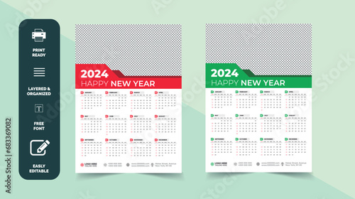 Monthly calendar template for 2024 year. Wall calendar in a minimalist style. Week Starts on Sunday. Planner for 2024 year.