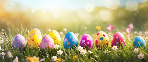 Colorful easter eggs in grass. Happy easter background.