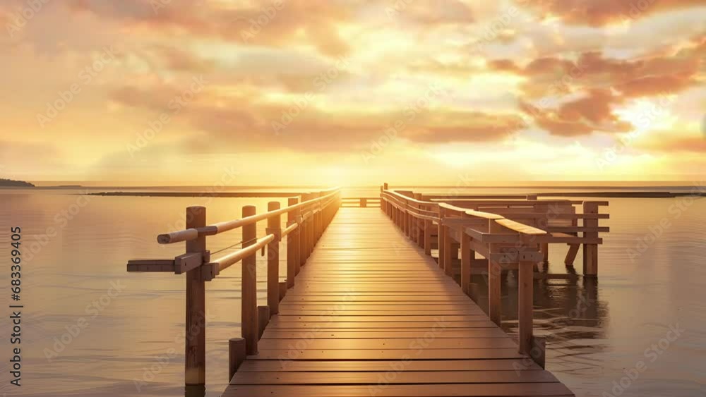 The golden rays of the setting sun dance on the calm sea, as a wooden bridge stands tall, a symbol of peace and harmony in this idyllic scene. The golden rays of the setting sun dance on the calm sea, as a wooden bridge stands tall, a symbol of peace and harmony in this idyllic scene.