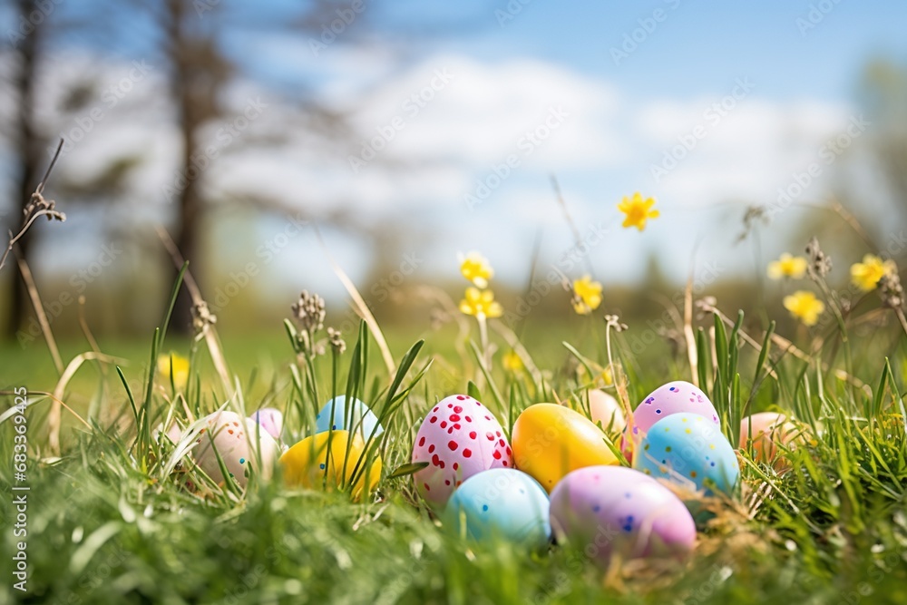 Colorful easter eggs in grass. Happy easter background. Colorful easter eggs in grass. Happy easter background.