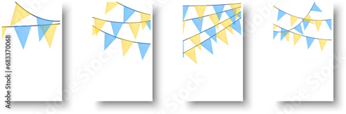Blue and yellow bunting garlands with flags made of shredded pieces of fabric. Decorative multicolored party pennants for festival, party celebration. photo