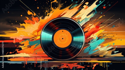 single disque vinyle sur un fond orange avec des taches et éclat de peinture, vintage