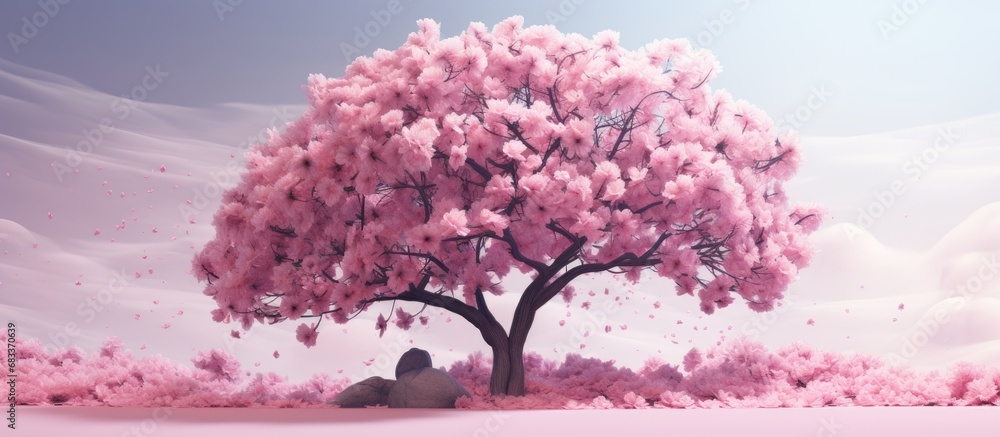 Custom wallpaper with 3D tree and pink flower background for digital printing - obrazy, fototapety, plakaty 