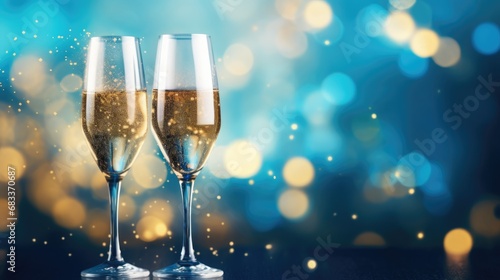 Two champagne glasses on blue and gold glow particle abstract bokeh background