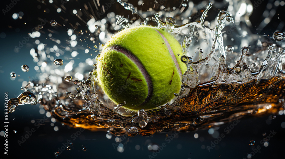  An Extreme Close-Up Freeze Frame of a Tennis Ball Hitting the Court, Capturing the Energy and Precision in the Thrilling Moment of Impact