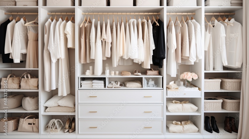 A beautifully organized white closet with neatly hung clothes and accessories, exemplifying the art of home organization.