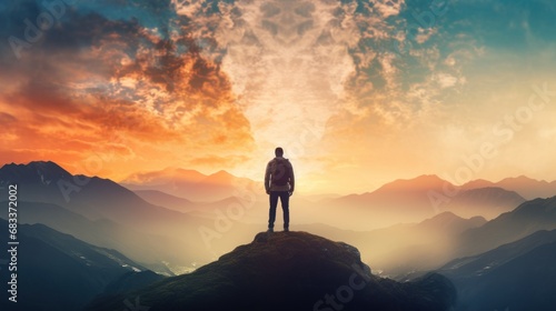 business male stand and feel happy on the most hight on the mountain, hiking, success, cliff, peak, business, success, successful, goal, victory, achievement, motivation, . © Space_Background