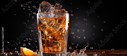 Dark background with splashed ice and glass holding a soft drink