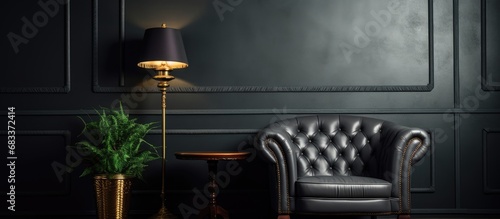 Contemporary interior design upholstered furniture against dark wall © Vusal