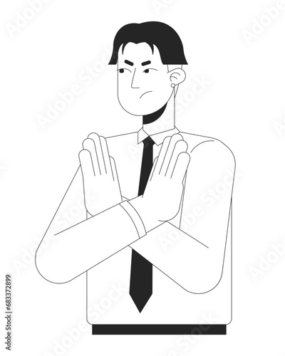 Annoyed younger worker turning down extra work black and white 2D line cartoon character. Asian young employee crossed arms no isolated vector outline person. Monochromatic flat spot illustration