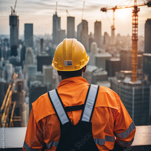 Rear view of engineer in hardhat looking at skyscrapers