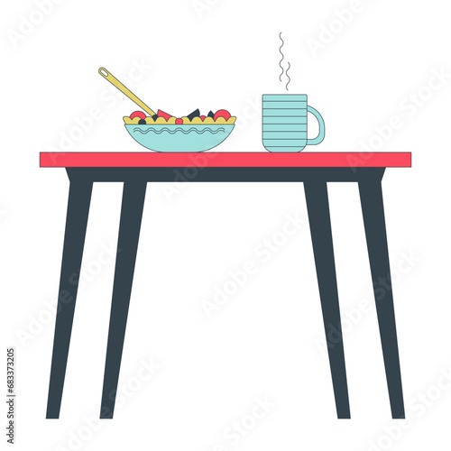 Company cafeteria table 2D linear cartoon object. Salad bowl and steamed cup. School lunch isolated line vector element white background. Desk lunchtime eating healthy color flat spot illustration