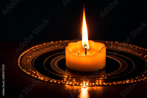 The flickering flame of a single candle symbolizes the light of hope in dark times. Generative AI.