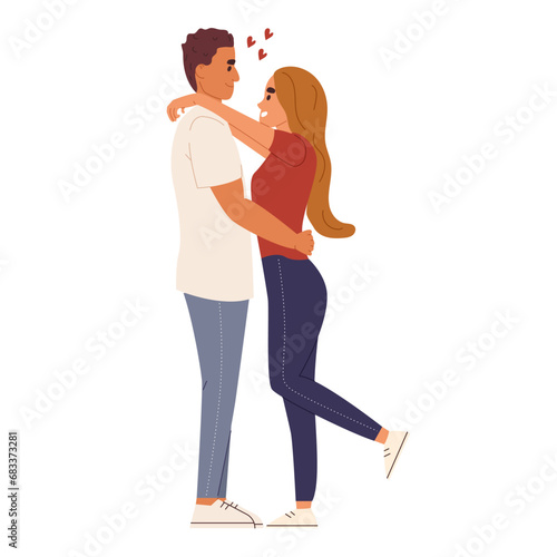 Love couple hugging with tenderness. Happy husband and wife embracing. Young man and woman valentines in romantic relationship. Flat cartoon vector illustration isolated on white background
