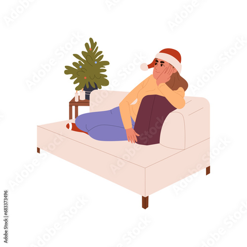 Sad lonely woman sitting on sofa indoors at Christmas. Unhappy girl spending winter holidays alone. Flat vector illustration isolated on white background
