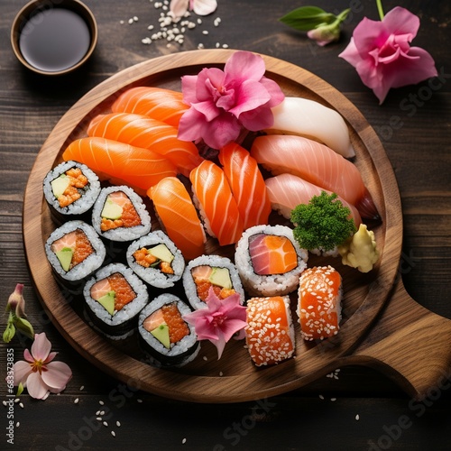 Mixed Sushi Rolls on table background, Fresh Tasty Food, vegetables and Shoyu, wasabi
