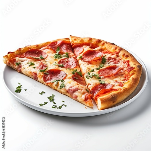 Slice of Pizza plate on white background, Fresh Tasty Food, Cheese, tomato ketchup, mozzarella