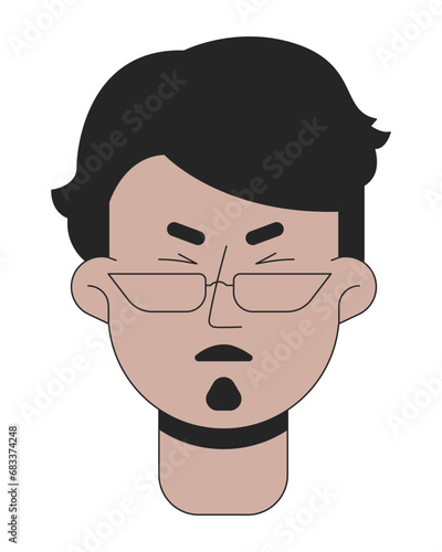 Arab eyeglasses man wincing in pain 2D linear vector avatar illustration. Beard middle eastern male outline cartoon character face. Suffering frowning guy flat color user profile image isolated