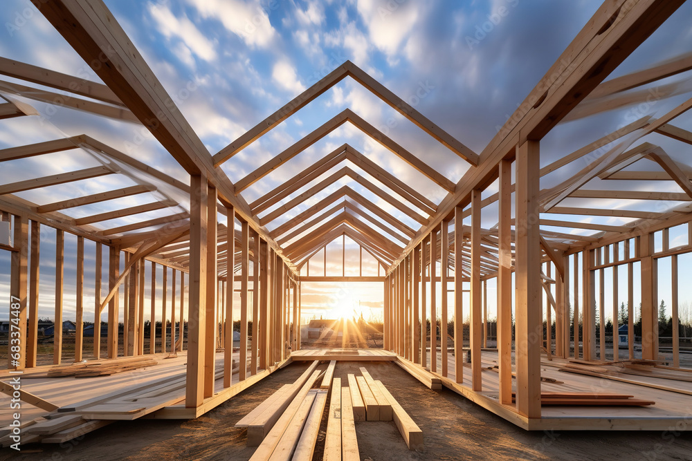 The structure of wood framing at construction site against a vast cloudy sky with bright sun behind. New build home at empty lot. framework ready for wall and roof install. Real estate development The structure of wood framing at construction site against a vast cloudy sky with bright sun behind. New build home at empty lot. framework ready for wall and roof install. Real estate development