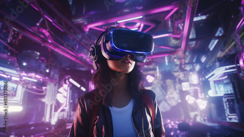 Woman in VR headset exploring a neon-lit cyber world, futuristic concept with immersive technology