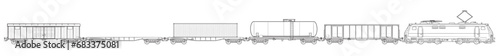 Modern cargo train with multiple cars - outline vector stock illustration.