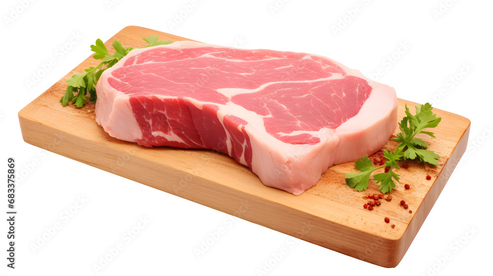 Raw pork meat on wooden board isolated on white background Raw pork meat on wooden board isolated on white background