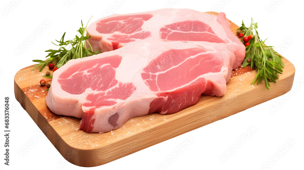 Raw pork meat on wooden board isolated on white background Raw pork meat on wooden board isolated on white background