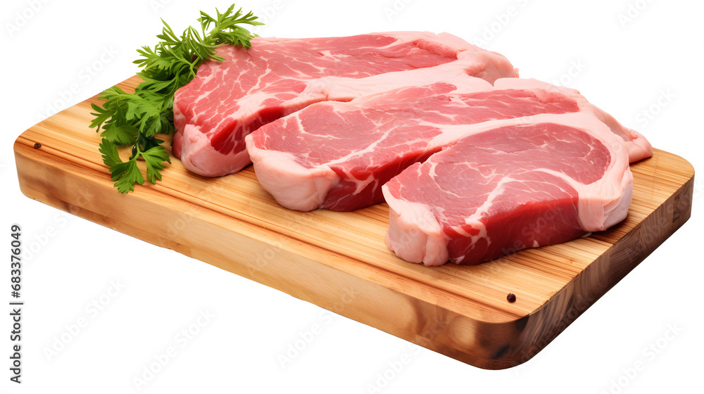 Raw pork meat on wooden board isolated on white background