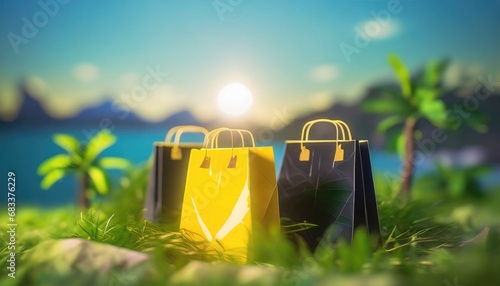 Black Friday concept. Landscape view of creative black and gold composition with shopping bags . Ai gerated. photo