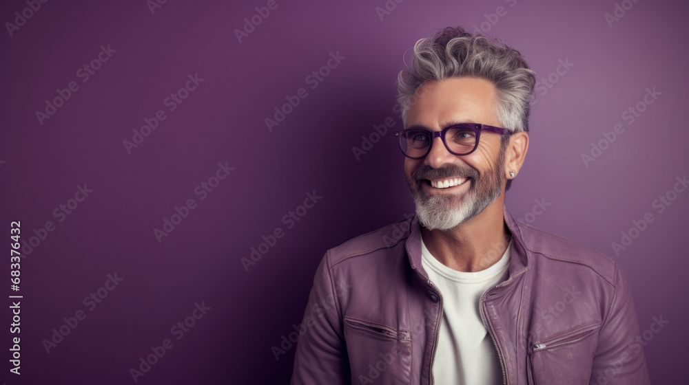 Stylish mature man with silver hair and trendy glasses, smiling in a leather jacket against a purple background. Stylish mature man with silver hair and trendy glasses, smiling in a leather jacket against a purple background.