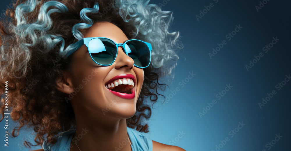 Woman portrait, glasses and afro with banner, background and smile. Mockup space, face or elegant and confident, female posing in fashionable or stylish clothes