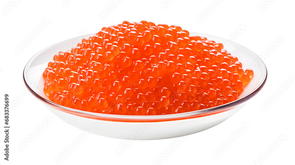 Red fresh grainy salmon caviar in a plate on transparent background , Full Depth of field. Focus stacking. Red fresh grainy salmon caviar in a plate on transparent background , Full Depth of field. Focus stacking.