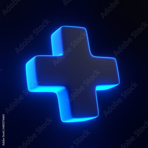 Plus sign with bright glowing futuristic blue neon lights on black background. 3D icon, sign and symbol. Cartoon minimal style. 3D render illustration