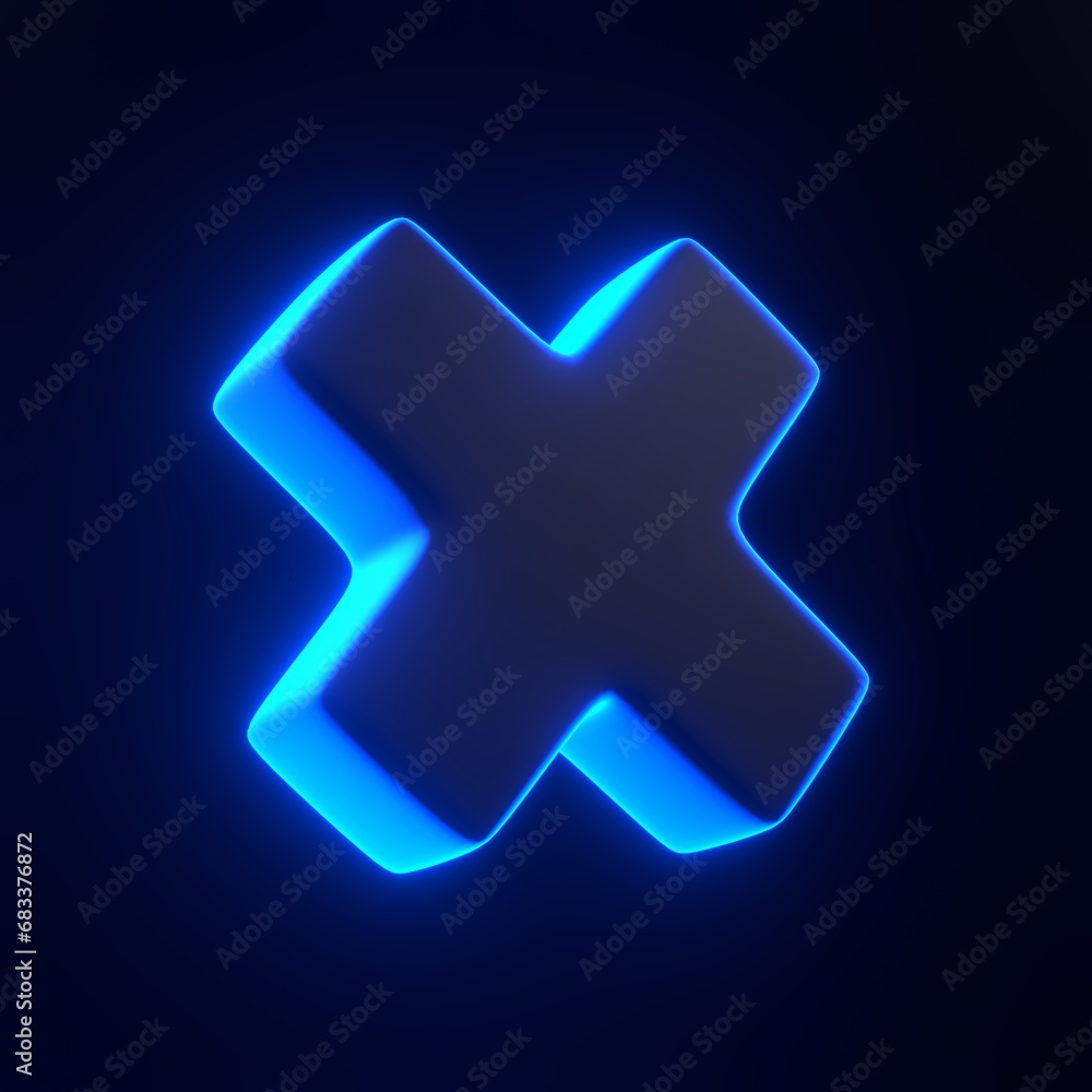 Cross sign with bright glowing futuristic blue neon lights on black background. 3D icon, sign and symbol. Cartoon minimal style. 3D render illustration Cross sign with bright glowing futuristic blue neon lights on black background. 3D icon, sign and symbol. Cartoon minimal style. 3D render illustration