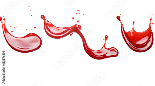 Set of red and white drops and splashes of ketchup or sauce isolated on transparent background. With clipping path. Full depth of field. Focus stacking. 