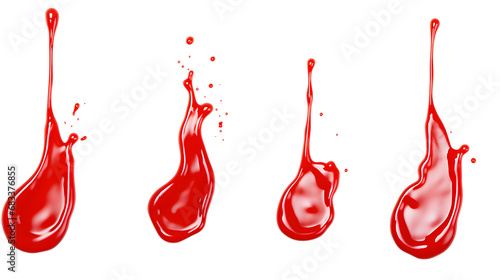 Set of red and white drops and splashes of ketchup or sauce isolated on transparent background. With clipping path. Full depth of field. Focus stacking.  photo