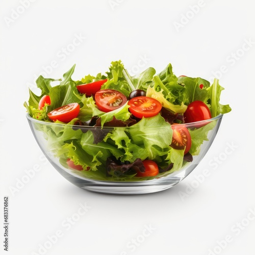 Fresh vegetable salad in glass bowl isolated on white background
