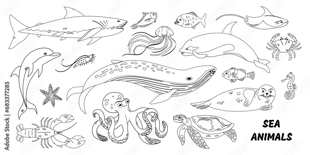Hand drawn sea wildlife composition with different marine animals to color Hand drawn sea wildlife composition with different marine animals to color
