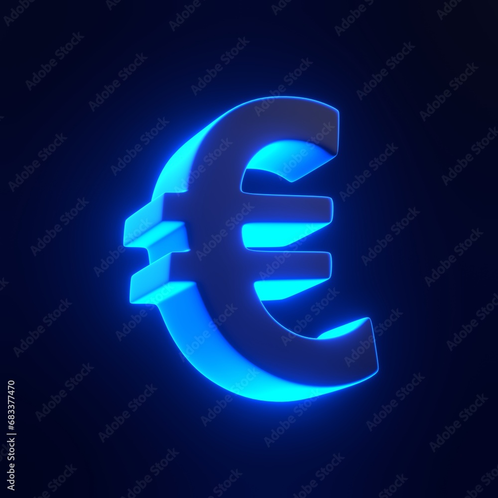 Obraz premium Euro sign with bright glowing futuristic blue neon lights on black background. 3D icon, sign and symbol. Cartoon minimal style. 3D render illustration