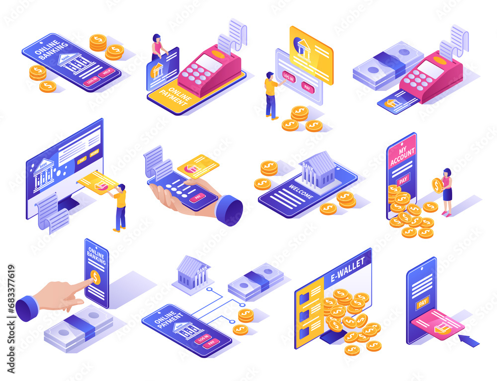 Isometric mobile and digital banking services illustration set Isometric mobile and digital banking services illustration set