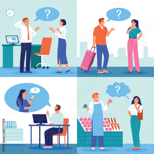 Flat young people asking questions card set