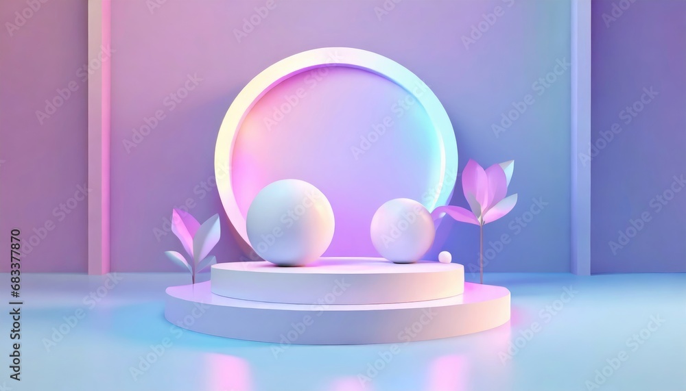 abstract 3d shelf or white stand podium scene pastel color with neon ring background. AI generated. abstract 3d shelf or white stand podium scene pastel color with neon ring background. AI generated.