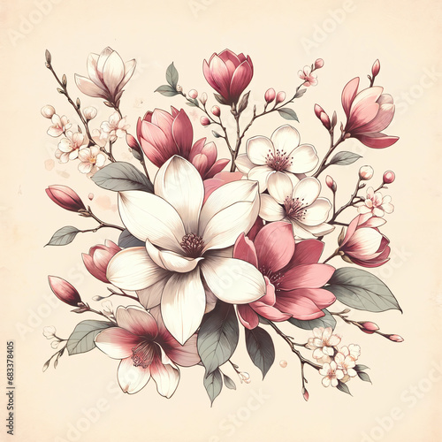 a vintage-style floral illustration that showcases an elegant spray of magnolias and cherry blossoms.