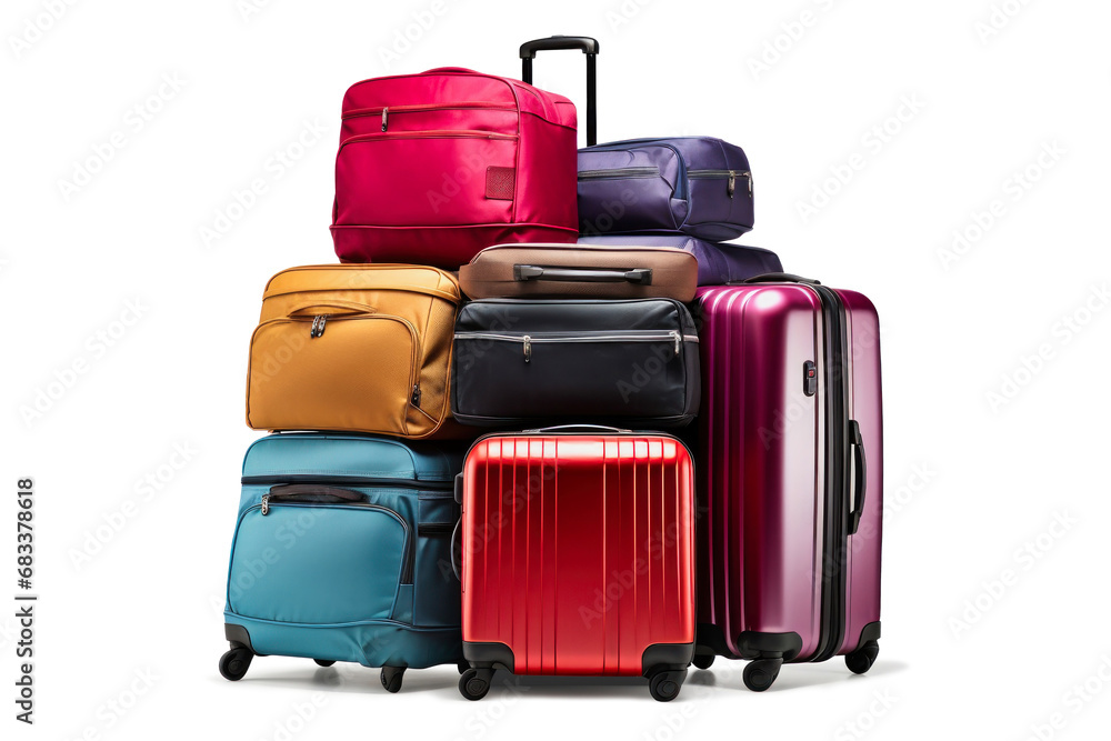 Luggage on an isolated white background. Lots of suitcases, bags and backpacks. Travel luggage. Vacation and travel concept - obrazy, fototapety, plakaty 