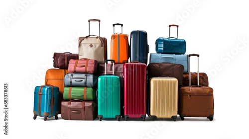 Luggage on an isolated white background. Lots of suitcases, bags and backpacks. Travel luggage. Vacation and travel concept