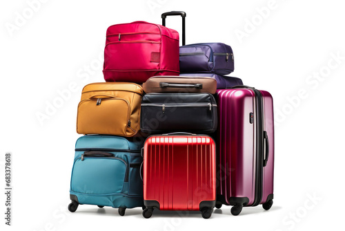 Luggage on an isolated white background. Lots of suitcases, bags and backpacks. Travel luggage. Vacation and travel concept photo