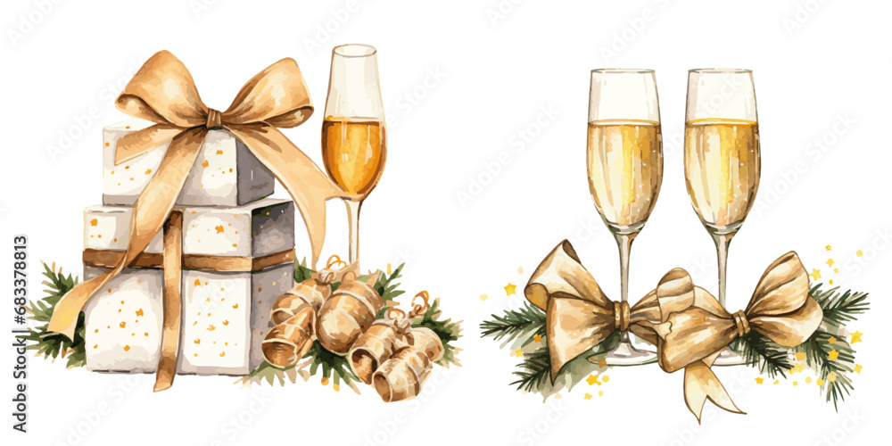 champagne glasses with present boxes and ribbon vectors champagne glasses with present boxes and ribbon vectors
