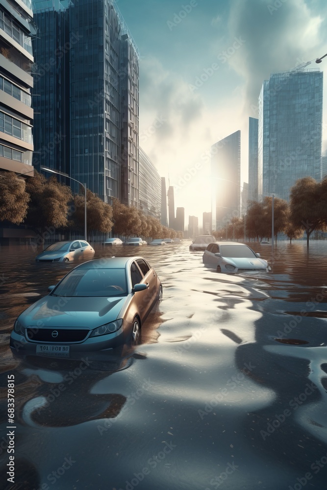 Urban flooding in a megapolis city with skyscrapers. High water level after heavy rain. Flooded cars on the street. Severe weather and flood concept.